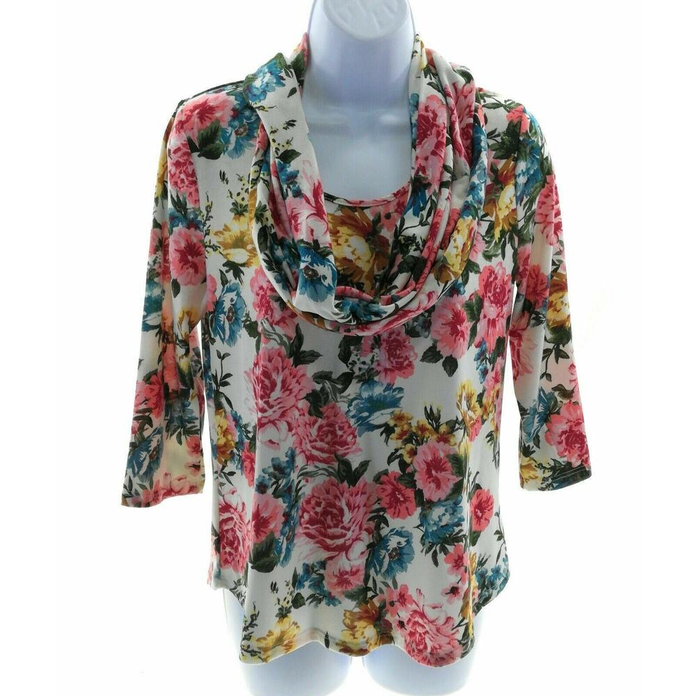 White Lili White &  Multi Color Floral Top with Scarf - Size Small - Chic
